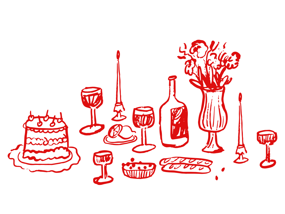 Hand-drawn illustration of a shared dinner table with a cake, wine, bread and flowers