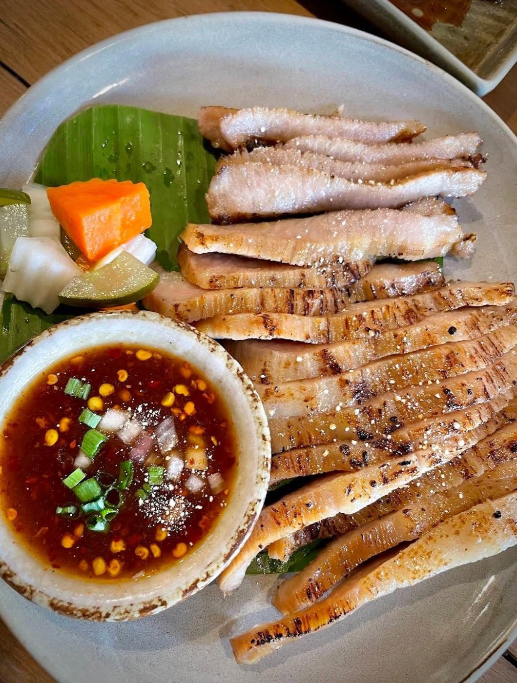 Grilled pork jowl, sliced